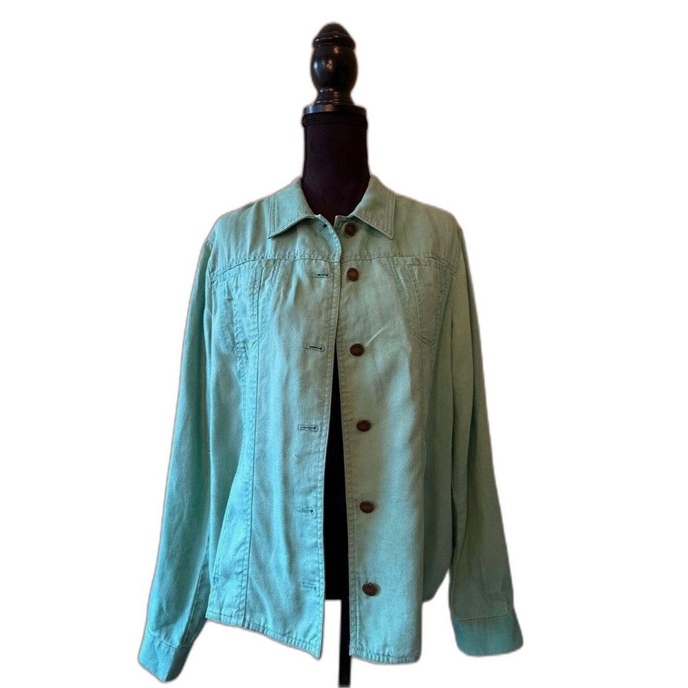 Jones New York Women’s Linen Jacket Green Size XL Classic Trucker Shacket  BOHO